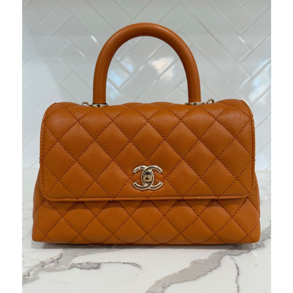 Chanel 21A Caramel Brown Caviar Mini Small Coco Handle CC Quilted Chain Flap Bag - Picture 3 of 16